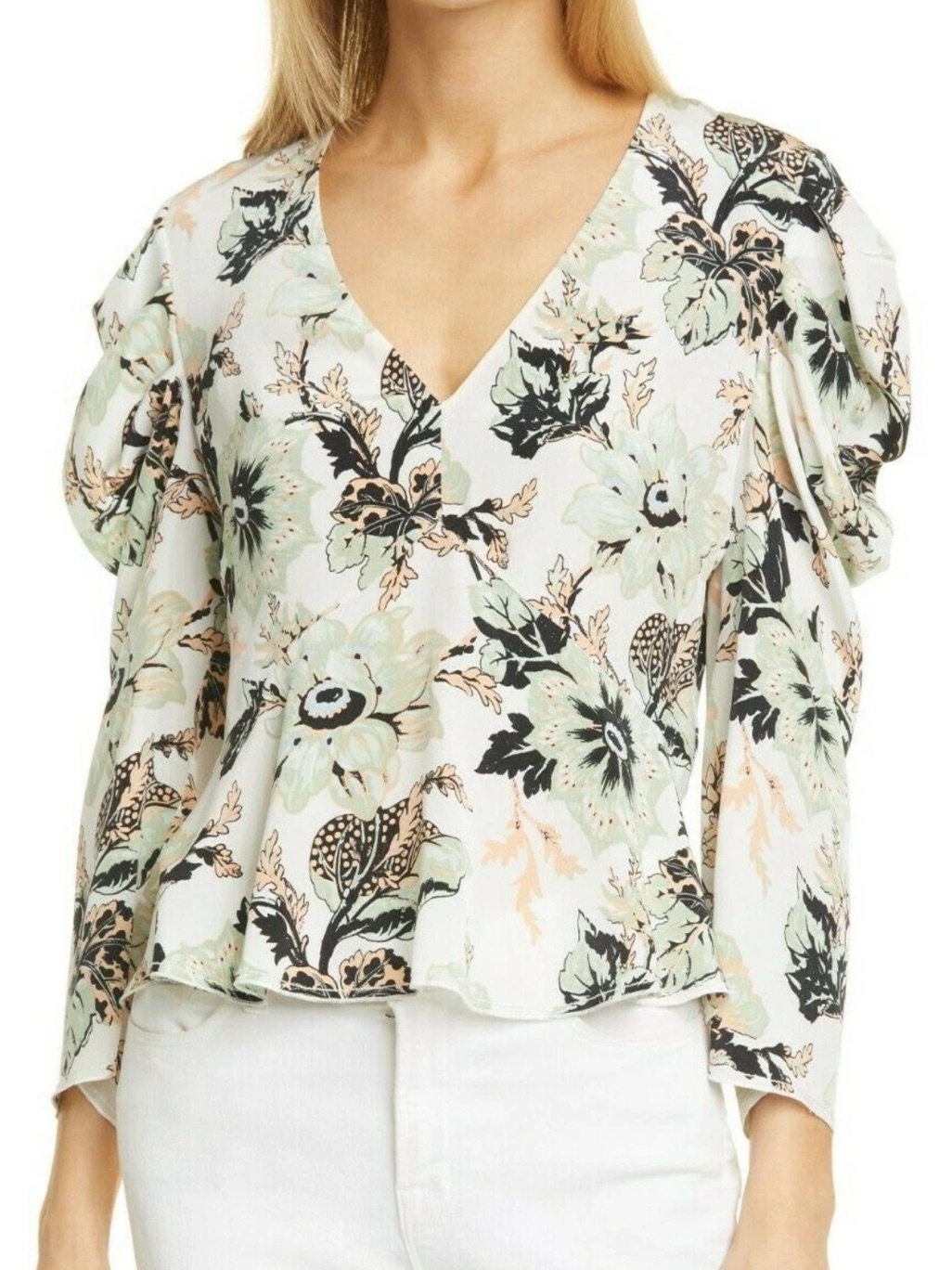Diane Von Furstenberg Silk Floral Puff-Sleeve Blouse White, Green, Black Size 6